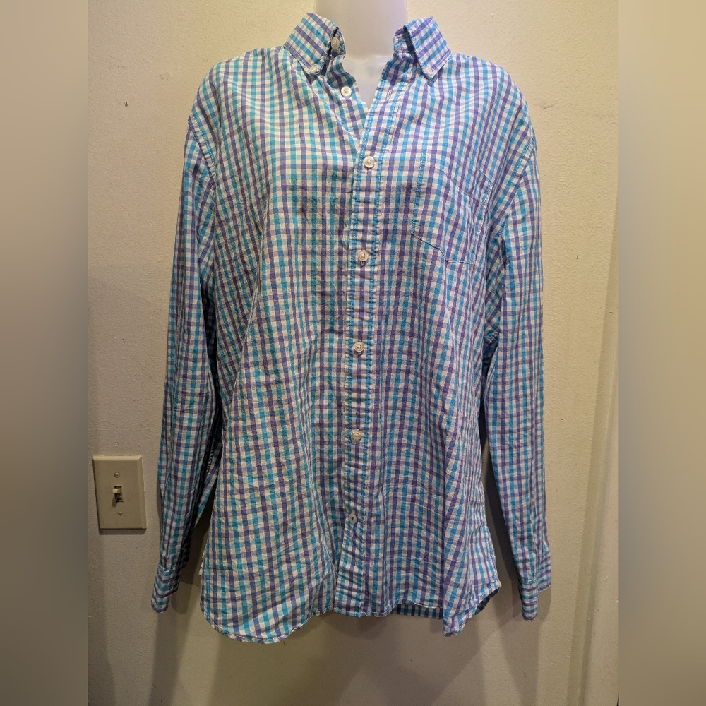 GAP Men's Blue and Green Checkered Shirt Size Large